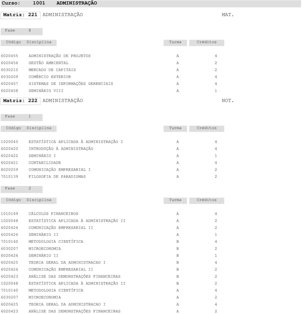 DMINISTRÇÃO I 000 INTRODUÇÃO À DMINISTRÇÃO 00 SEMINÁRIO I 00 CONTILIDDE 8009 COMUNICÇÃO EMPRESRIL I 7009 FILOSOFI DE PRDIGMS 009 CÁLCULOS FINNCEIROS 0008 ESTTÍSTIC PLICD À DMINISTRÇÃO II