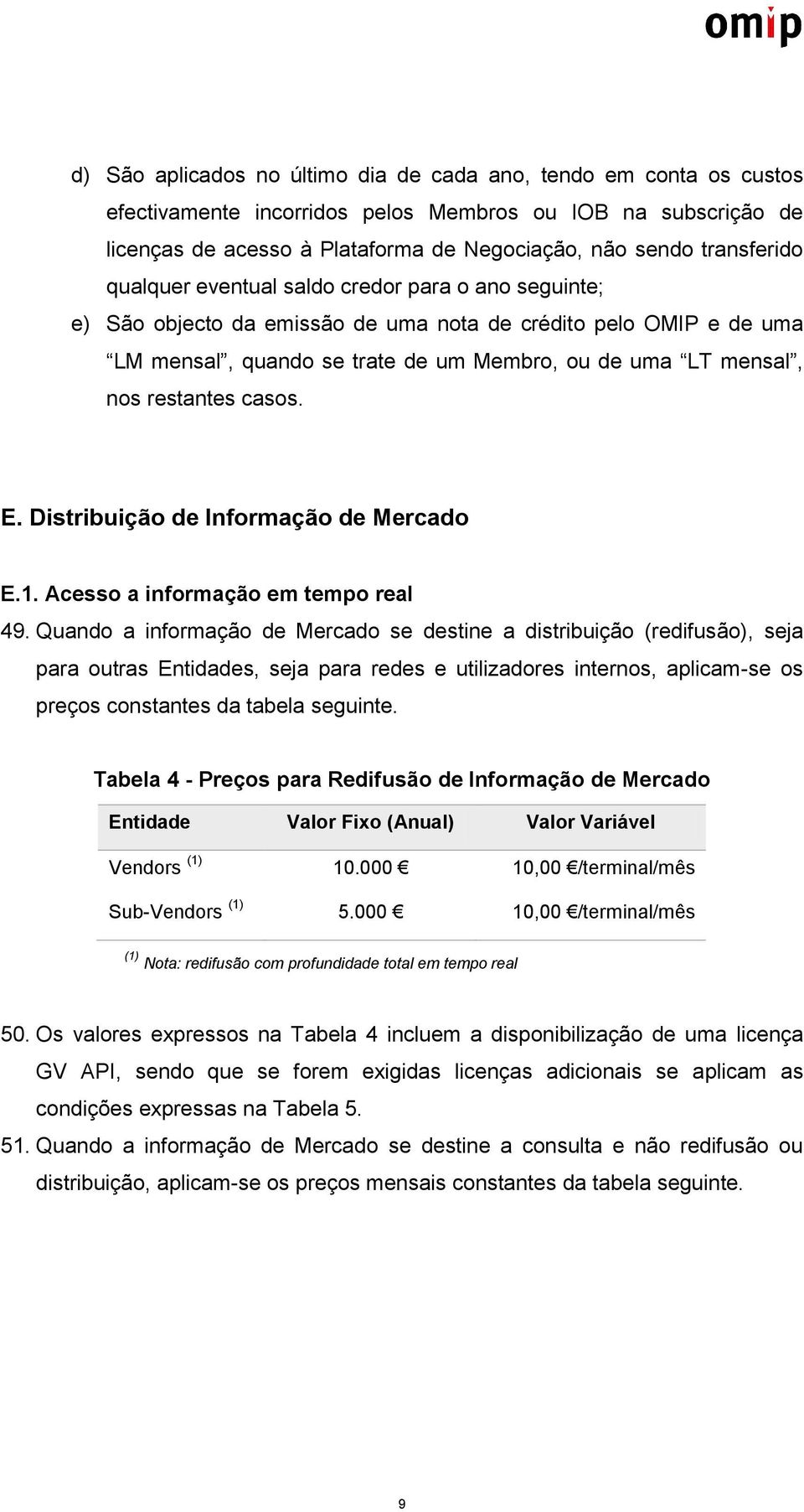 restantes casos. E. Distribuição de Informação de Mercado E.1. Acesso a informação em tempo real 49.