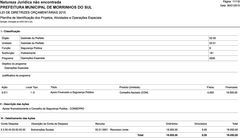 000,00 Total Planilha LEI Seleção: DE DIRETRIZES de Identificação ORÇAMENTÁRIAS dos Projetos, Atividades 2015e Operações Especiais Função: Subfunção: Programa: Segurança Pública Objetivo Operações