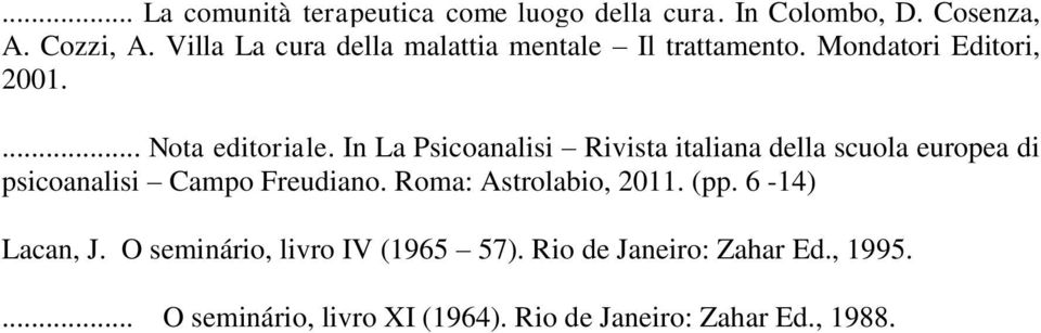 In La Psicoanalisi Rivista italiana della scuola europea di psicoanalisi Campo Freudiano. Roma: Astrolabio, 2011.