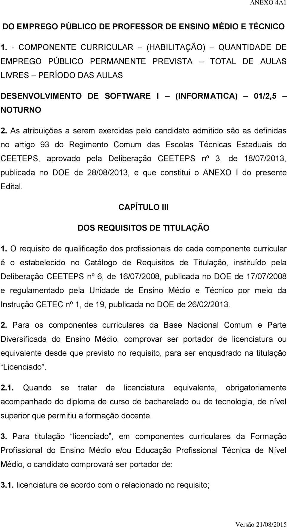 As atribuições a serem exercidas pelo candidato admitido são as definidas no artigo 93 do Regimento Comum das Escolas Técnicas Estaduais do CEETEPS, aprovado pela Deliberação CEETEPS nº 3, de