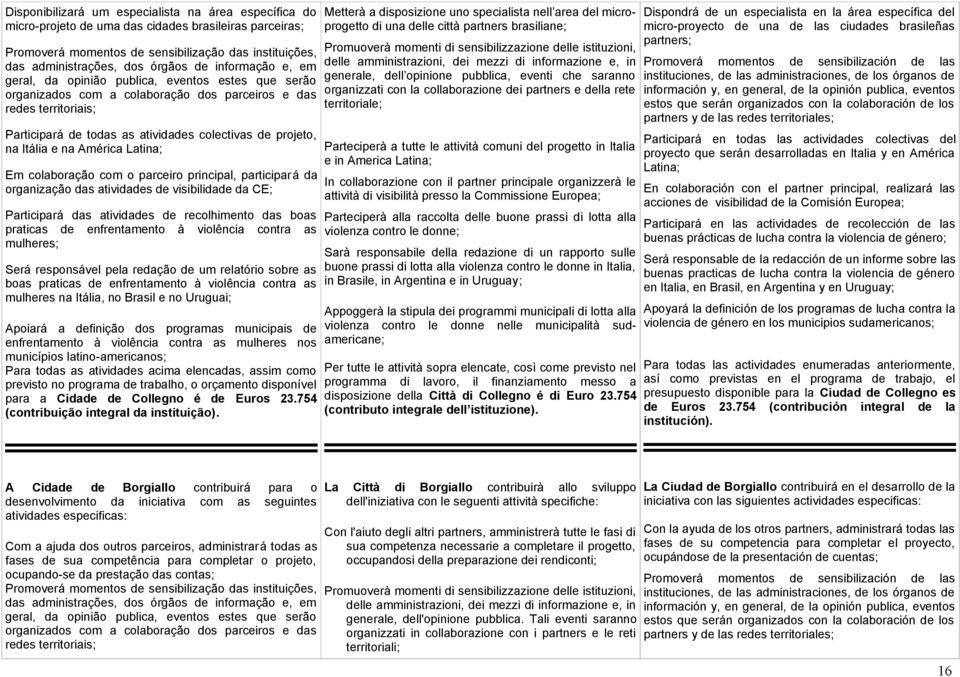 Itália e na América Latina; Em colaboração com o parceiro principal, participará da organização das atividades de visibilidade da CE; Participará das atividades de recolhimento das boas praticas de