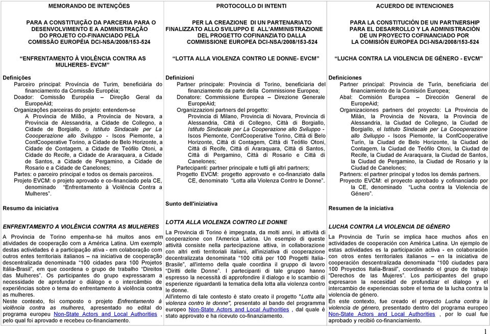 DE UN PARTNERSHIP PARA EL DESARROLLO Y LA ADMINISTRACIÓN DE UN PROYECTO COFINANCIADO POR LA COMISIÓN EUROPEA DCI-NSA/2008/153-524 ENFRENTAMENTO À VIOLÊNCIA CONTRA AS MULHERES- EVCM LOTTA ALLA