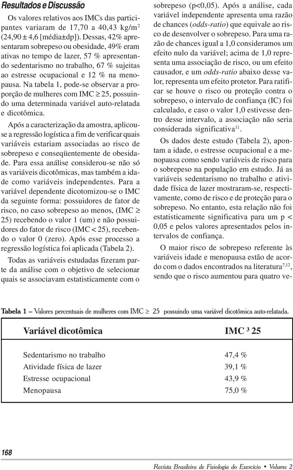 Na tabela 1, pode-se observar a proporção de mulheres com IMC 25, possuindo uma determinada variável auto-relatada e dicotômica.