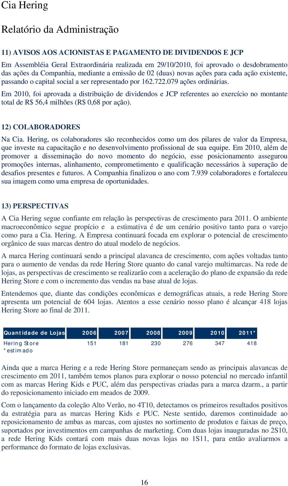 Em 2010, foi aprovada a distribuição de dividendos e JCP referentes ao exercício no montante total de R$ 56,4 milhões (R$ 0,68 por ação). 12) COLABORADORES Na Cia.