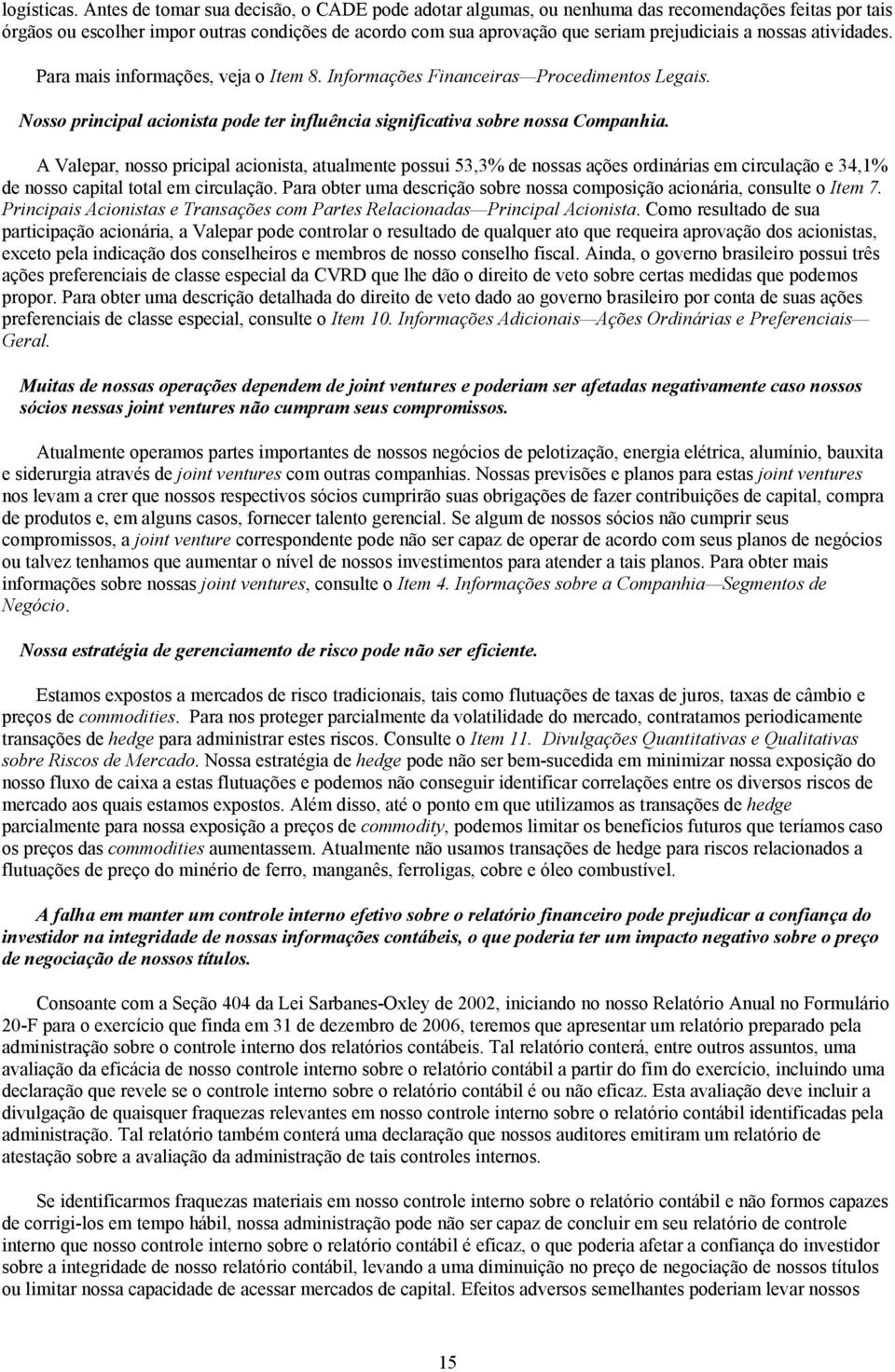 nossas atividades. Para mais informações, veja o Item 8. Informações Financeiras Procedimentos Legais. Nosso principal acionista pode ter influência significativa sobre nossa Companhia.