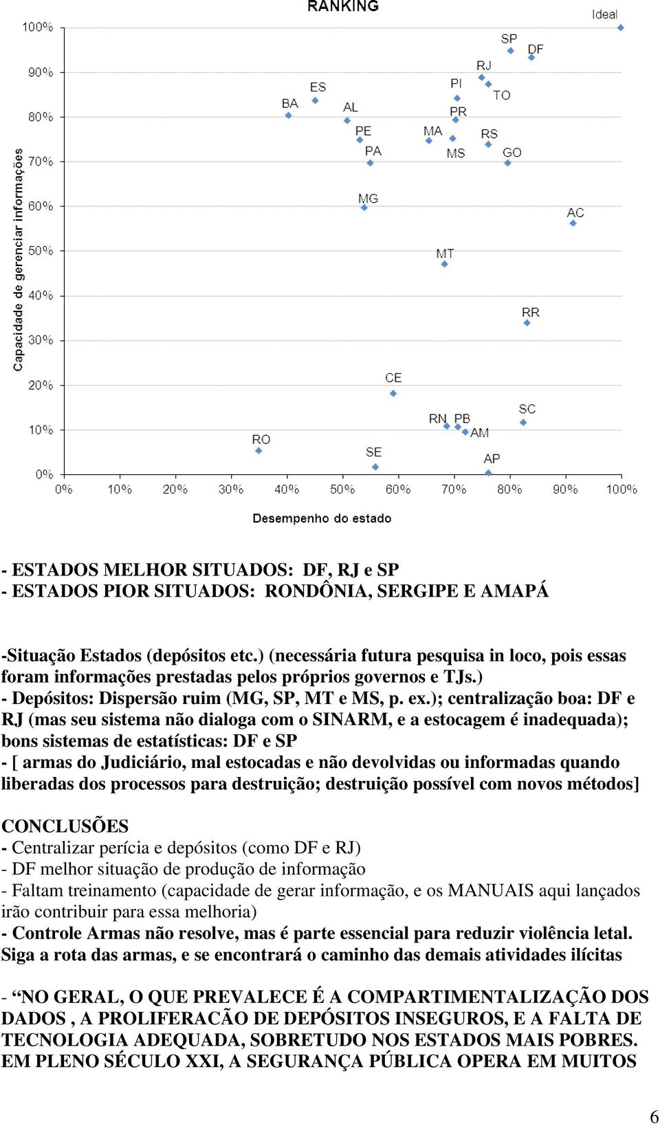 ); centralização boa: DF e RJ (mas seu sistema não dialoga com o SINARM, e a estocagem é inadequada); bons sistemas de estatísticas: DF e SP - [ armas do Judiciário, mal estocadas e não devolvidas ou