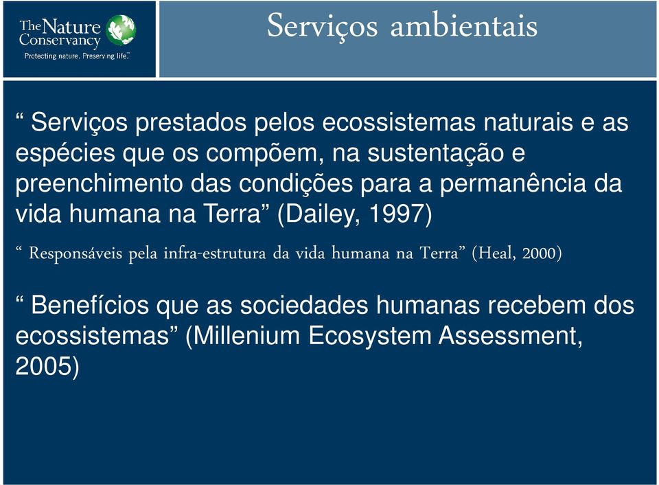 Terra (Dailey, 1997) Responsáveis pela infra-estrutura da vida humana na Terra (Heal, 2000)