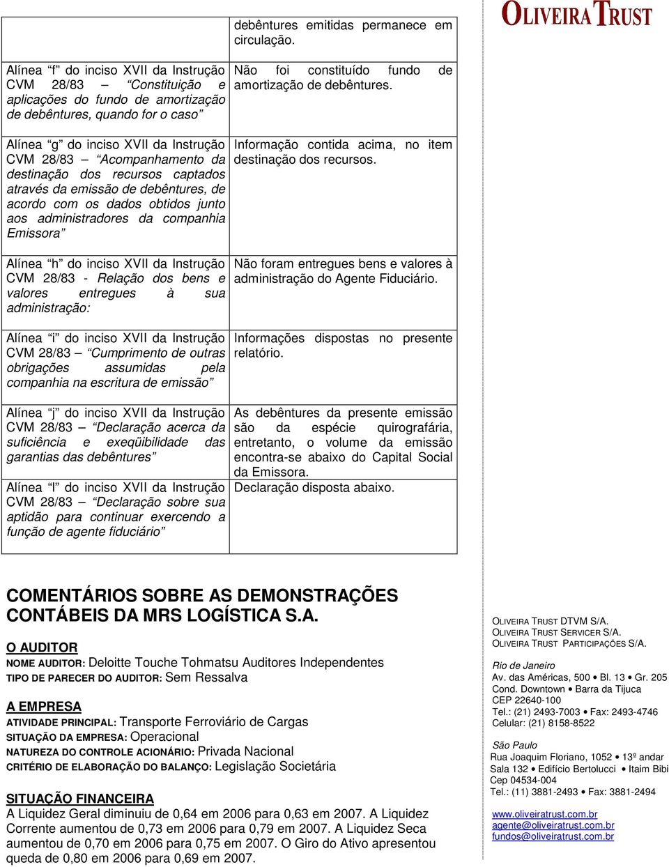 Relação dos bens e valores entregues à sua administração: Alínea i do inciso XVII da Instrução CVM 28/83 Cumprimento de outras obrigações assumidas pela companhia na escritura de emissão Alínea j do