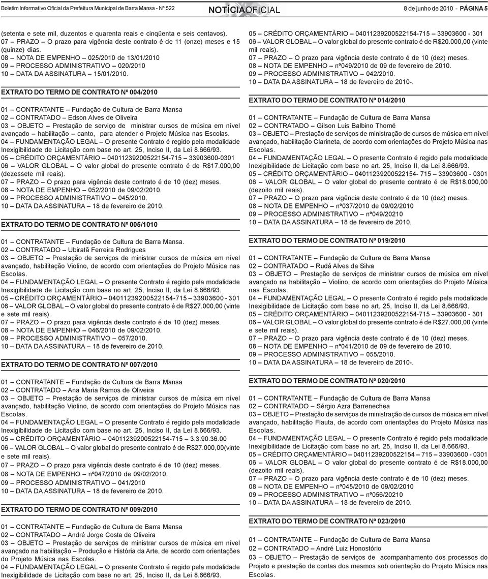 EXTRATO DO TERMO DE CONTRATO Nº 004/2010 02 CONTRATADO Edson Alves de Oliveira 03 OBJETO Prestação de serviço de ministrar cursos de música em nível avançado habilitação canto, para atender o Projeto