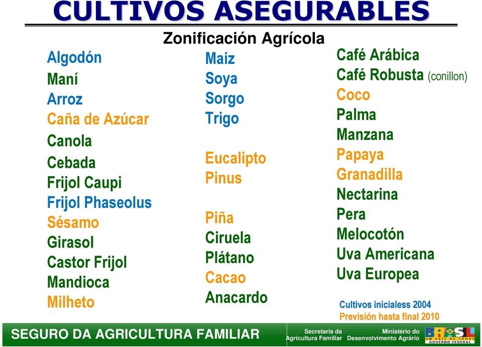 Mandioca Milheto Zonificación Agrícola Maiz Soya Sorgo Trigo Eucalipto Pinus Piña Ciruela Plátano Cacao Anacardo