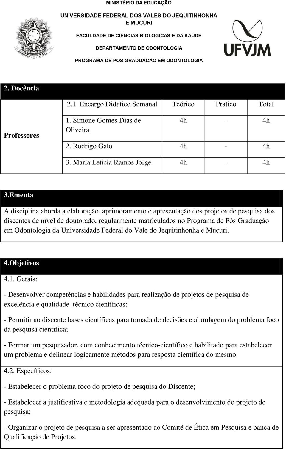 Odontologia da Universidade Federal do Vale do Jequitinhonha e Mucuri. 4.Objetivos 4.1.