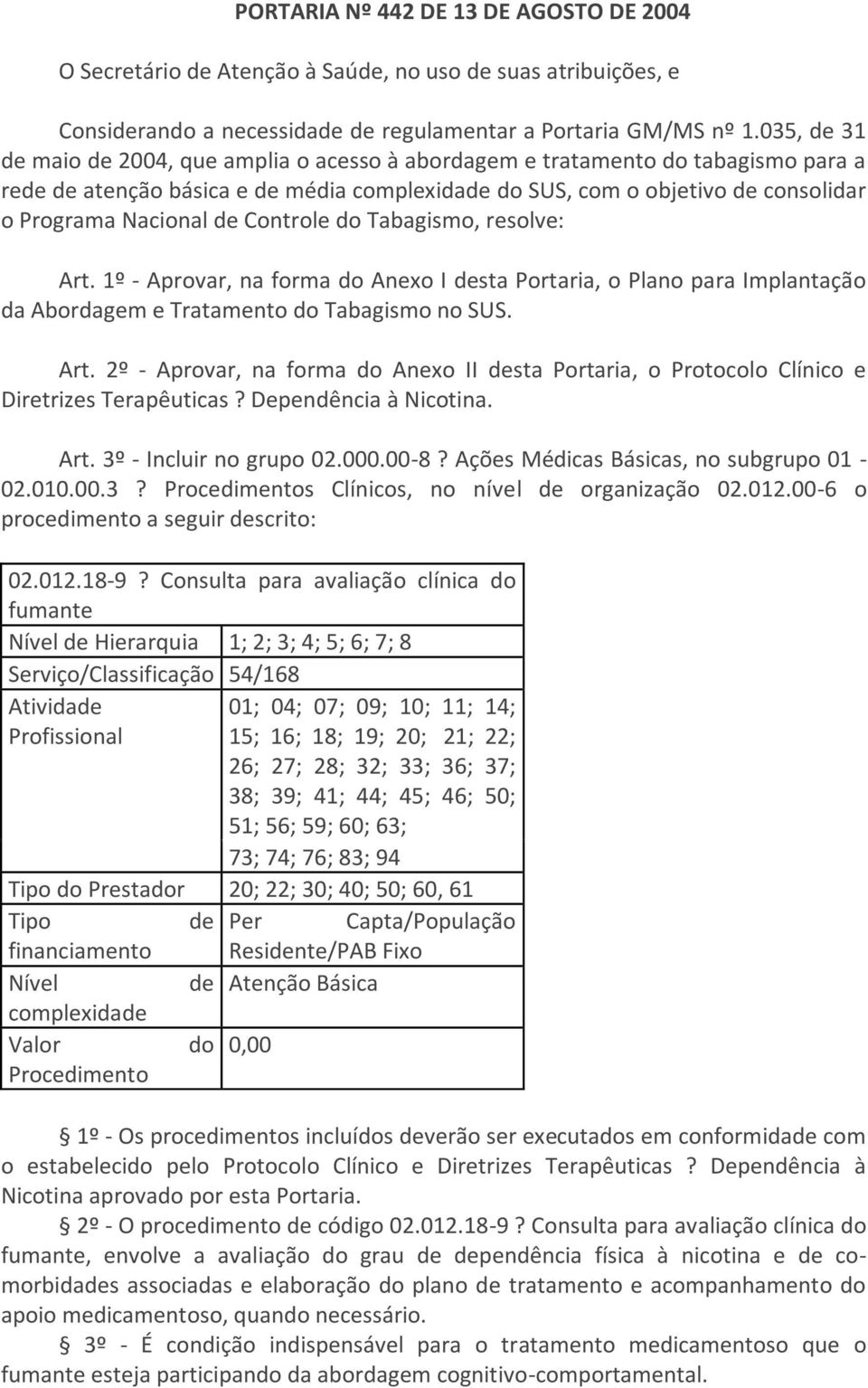 Controle do Tabagismo, resolve: Art. 1º - Aprovar, na forma do Anexo I desta Portaria, o Plano para Implantação da Abordagem e Tratamento do Tabagismo no SUS. Art. 2º - Aprovar, na forma do Anexo II desta Portaria, o Protocolo Clínico e Diretrizes Terapêuticas?