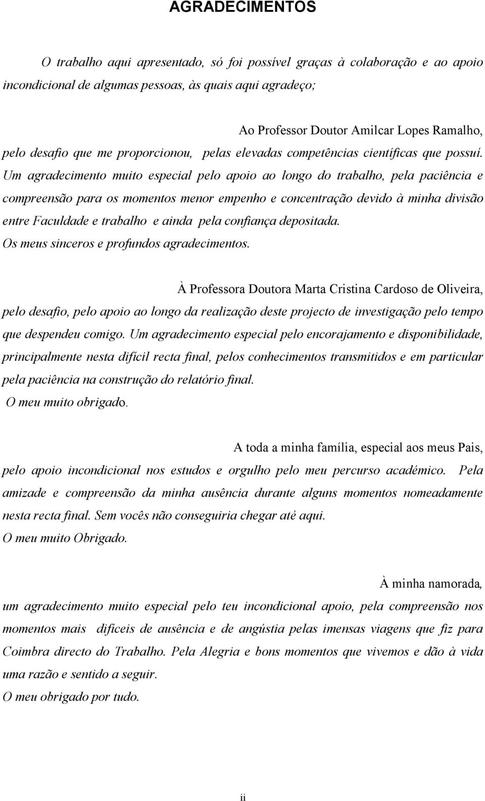 Um agradecimento muito especial pelo apoio ao longo do trabalho, pela paciência e compreensão para os momentos menor empenho e concentração devido à minha divisão entre Faculdade e trabalho e ainda