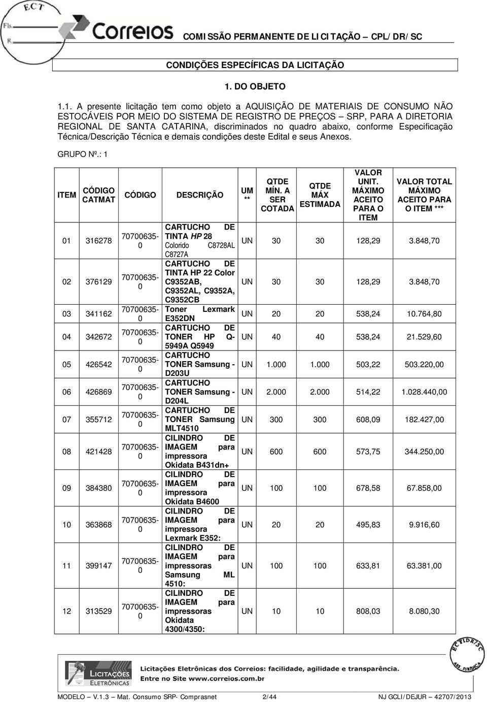 1. A presente licitação tem como objeto a AQUISIÇÃO DE MATERIAIS DE CONSUMO NÃO ESTOCÁVEIS POR MEIO DO SISTEMA DE REGISTRO DE PREÇOS SRP, PARA A DIRETORIA REGIONAL DE SANTA CATARINA, discriminados no