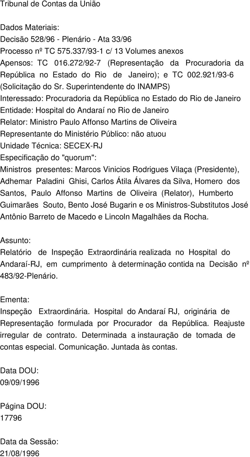 Superintendente do INAMPS) Interessado: Procuradoria da República no Estado do Rio de Janeiro Entidade: Hospital do Andaraí no Rio de Janeiro Relator: Ministro Paulo Affonso Martins de Oliveira