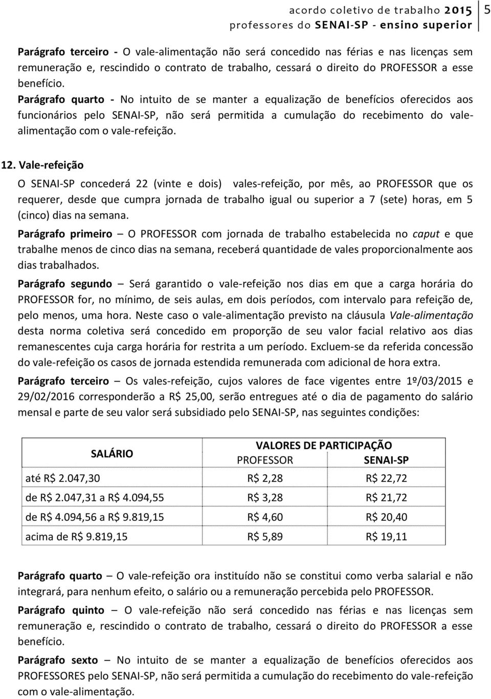 12. Vale-refeição O SENAI-SP concederá 22 (vinte e dois) vales-refeição, por mês, ao PROFESSOR que os requerer, desde que cumpra jornada de trabalho igual ou superior a 7 (sete) horas, em 5 (cinco)