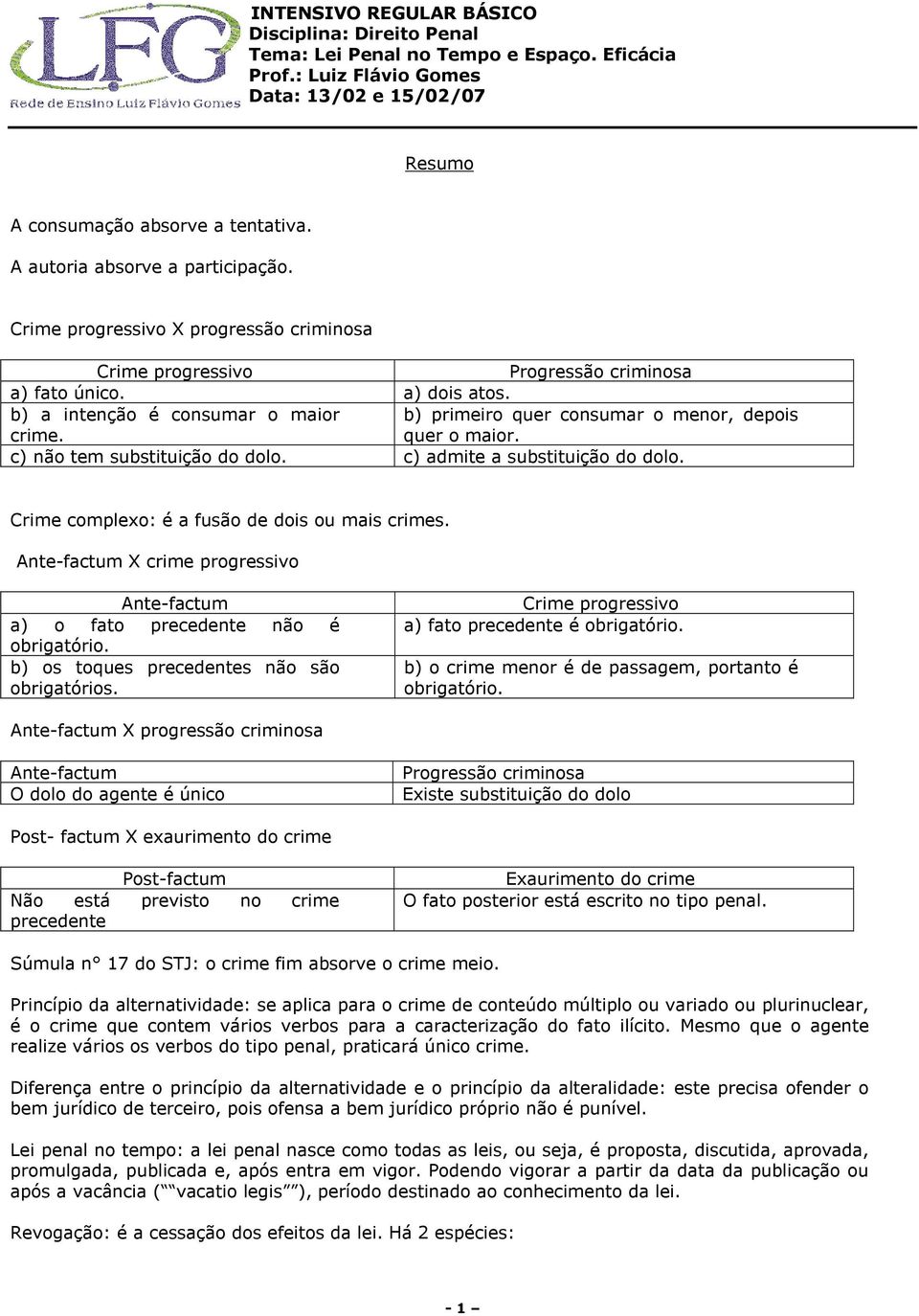 Crime complexo: é a fusão de dois ou mais crimes. Ante-factum X crime progressivo Ante-factum a) o fato precedente não é obrigatório. b) os toques precedentes não são obrigatórios.