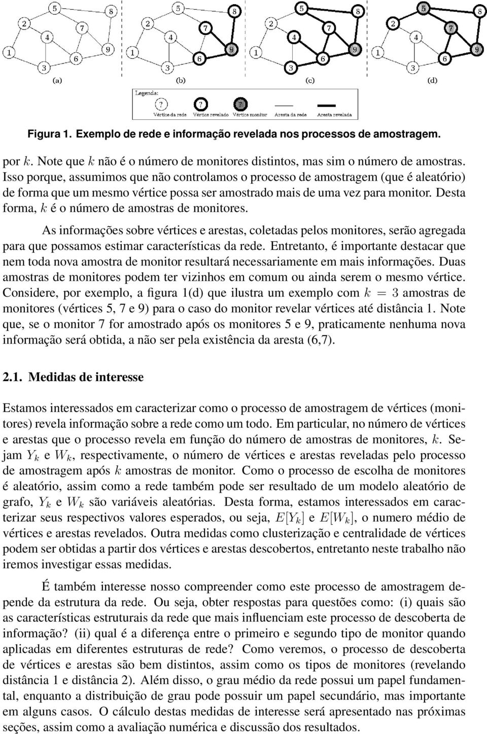 Desta forma, k é o número de amostras de monitores. As informações sobre vértices e arestas, coletadas pelos monitores, serão agregada para que possamos estimar características da rede.