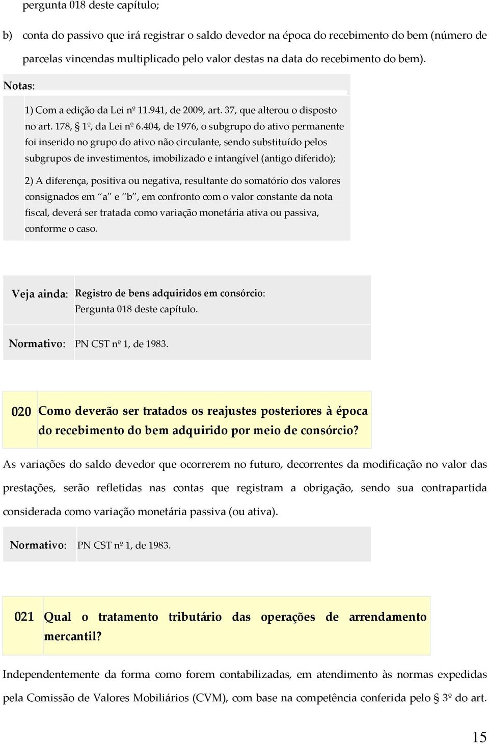 404, de 1976, o subgrupo do ativo permanente foi inserido no grupo do ativo não circulante, sendo substituído pelos subgrupos de investimentos, imobilizado e intangível (antigo diferido); 2) A