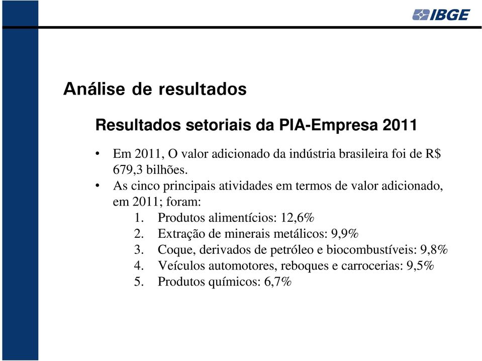 As cinco principais atividades em termos de valor adicionado, em 2011; foram: 1.