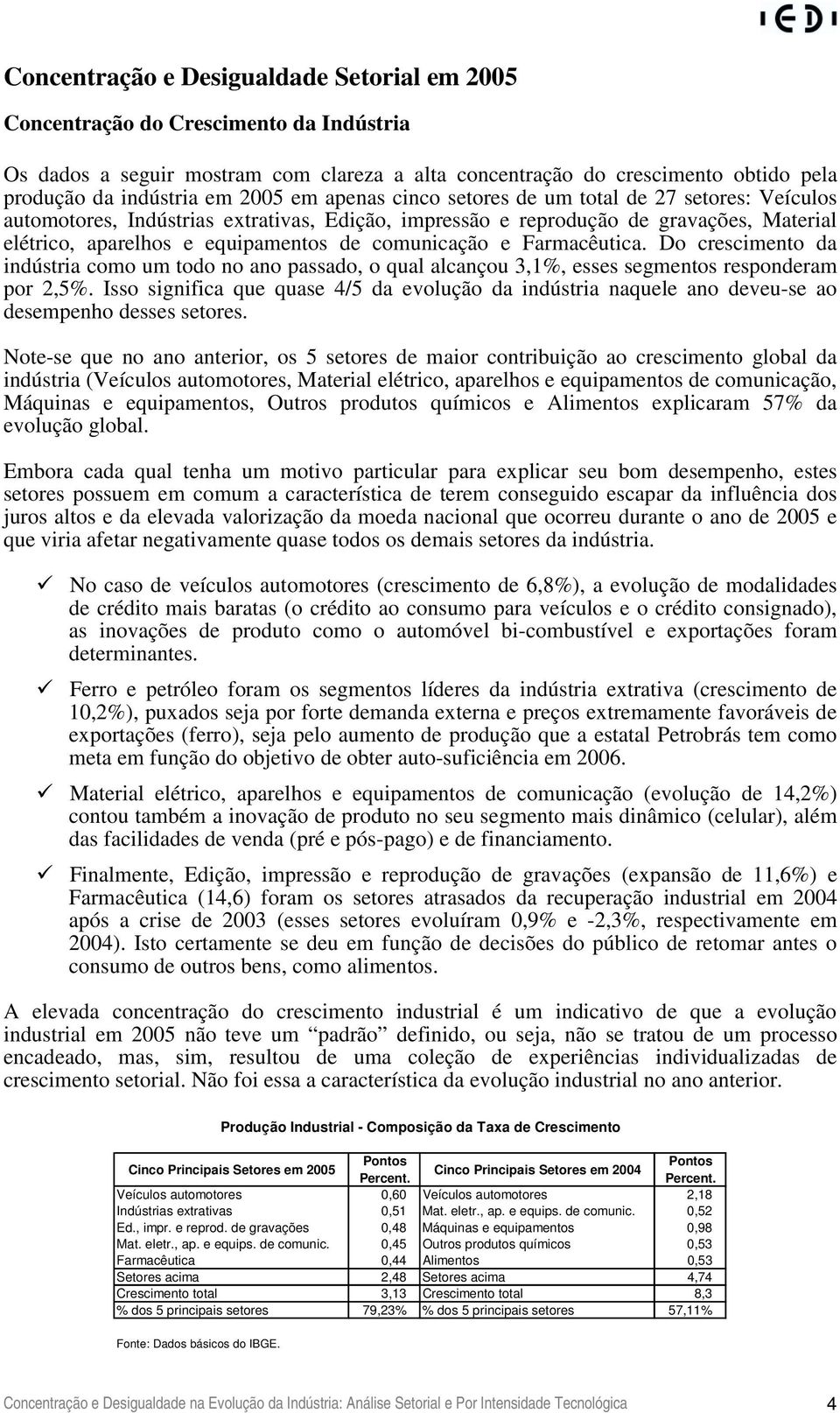 comunicação e Farmacêutica. Do crescimento da indústria como um todo no ano passado, o qual alcançou 3,1%, esses segmentos responderam por 2,5%.