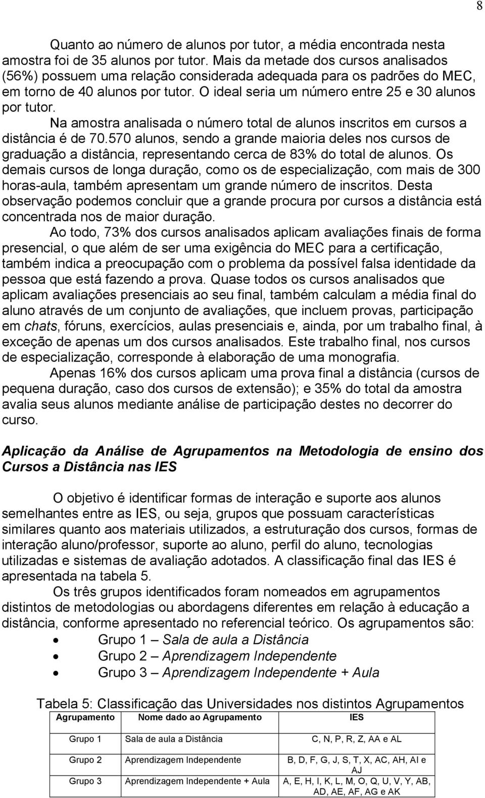 Na amostra analisada o número total de alunos inscritos em cursos a distância é de 70.