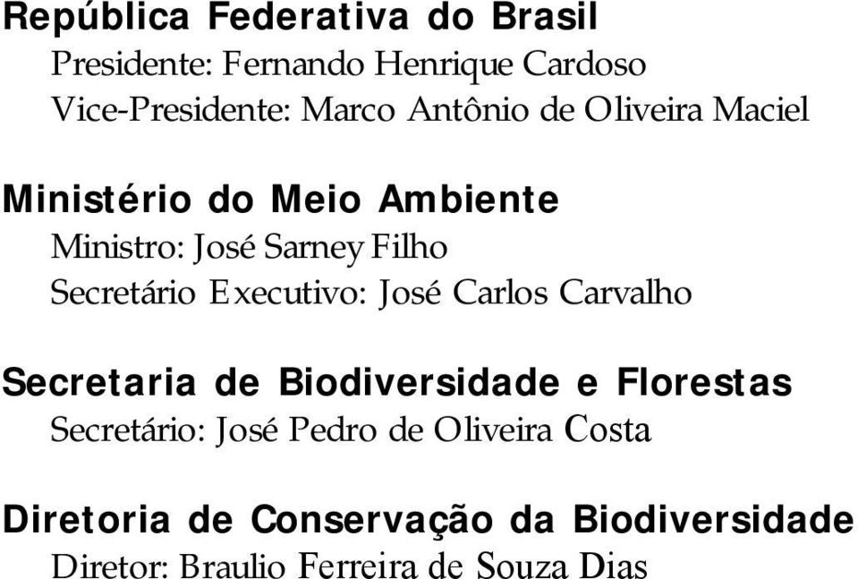 Executivo: José Carlos Carvalho Secretaria de Biodiversidade e Florestas Secretário: José Pedro