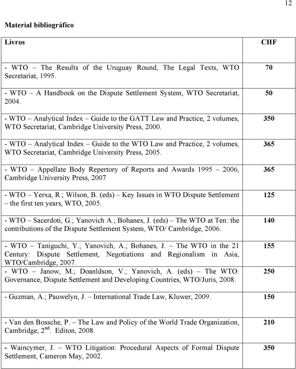 - WTO Analytical Index Guide to the WTO Law and Practice, 2 volumes, WTO Secretariat, Cambridge University Press, 2005.