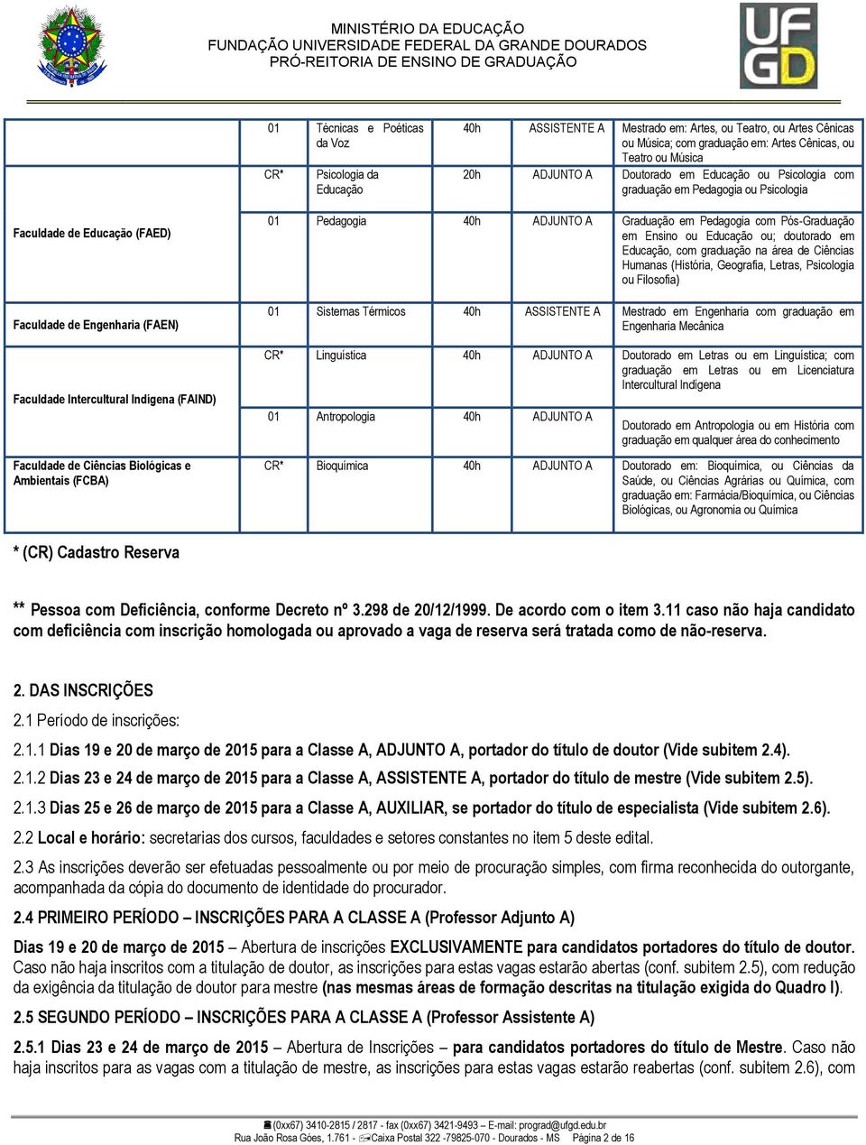 Biológicas e Ambientais (FCBA) 01 Pedagogia 40h ADJUNTO A Graduação em Pedagogia com Pós-Graduação em Ensino ou Educação ou; doutorado em Educação, com graduação na área de Ciências Humanas