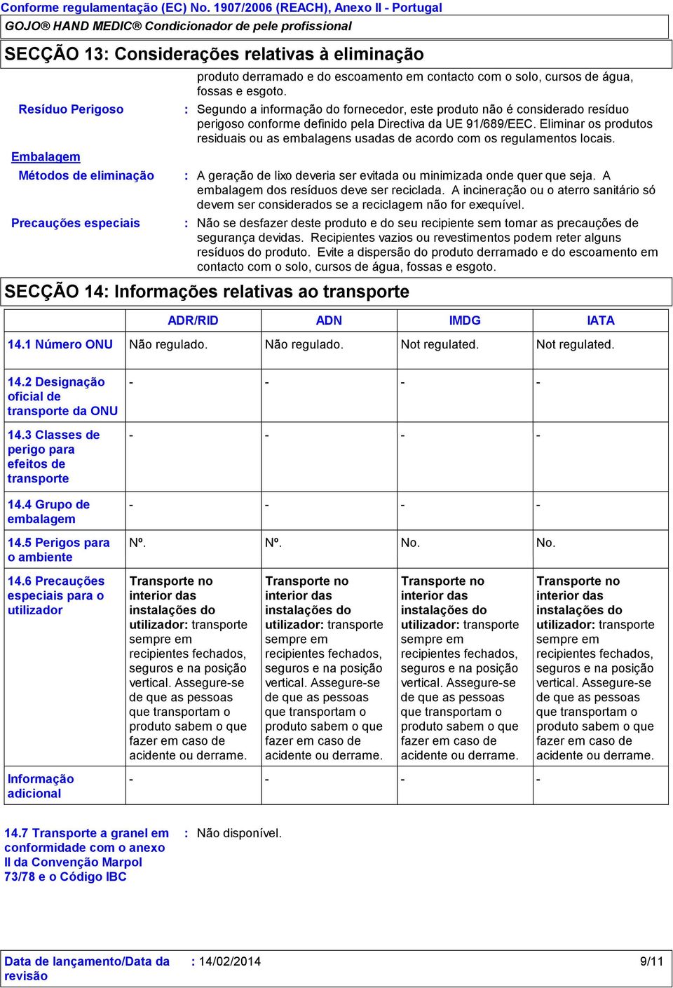 com o solo, cursos de água, fossas e esgoto. Segundo a informação do fornecedor, este produto não é considerado resíduo perigoso conforme definido pela Directiva da UE 91/689/EEC.