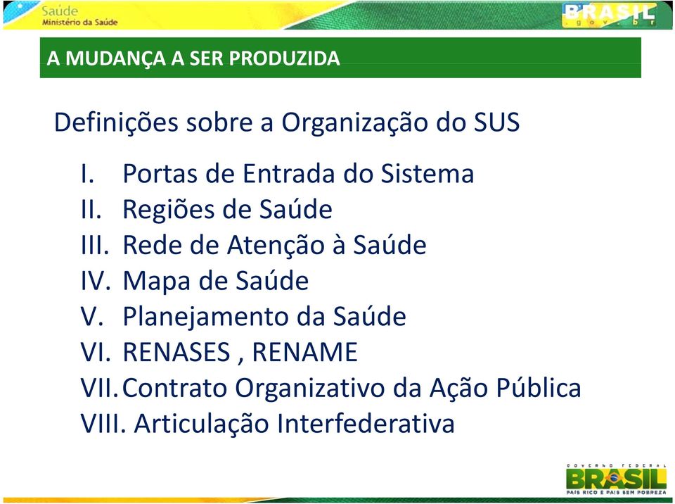 Rede de Atenção à Saúde IV. Mapa de Saúde V. Planejamento da Saúde VI.