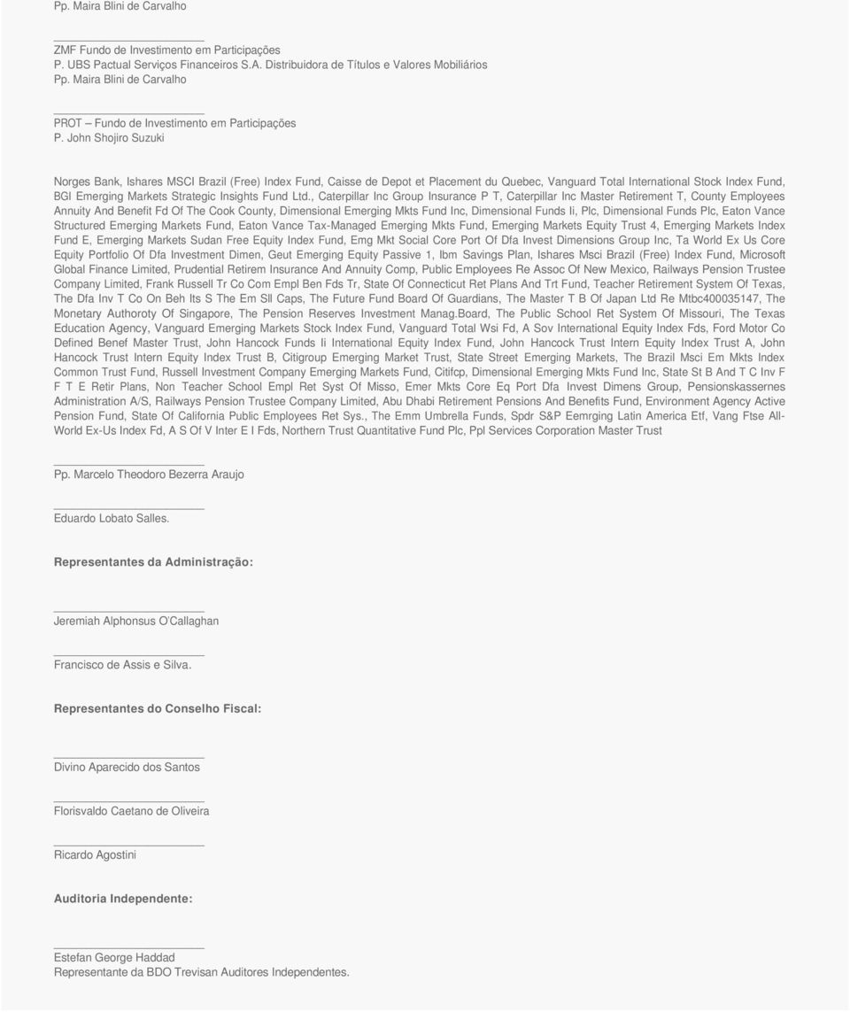 John Shojiro Suzuki Norges Bank, Ishares MSCI Brazil (Free) Index Fund, Caisse de Depot et Placement du Quebec, Vanguard Total International Stock Index Fund, BGI Emerging Markets Strategic Insights