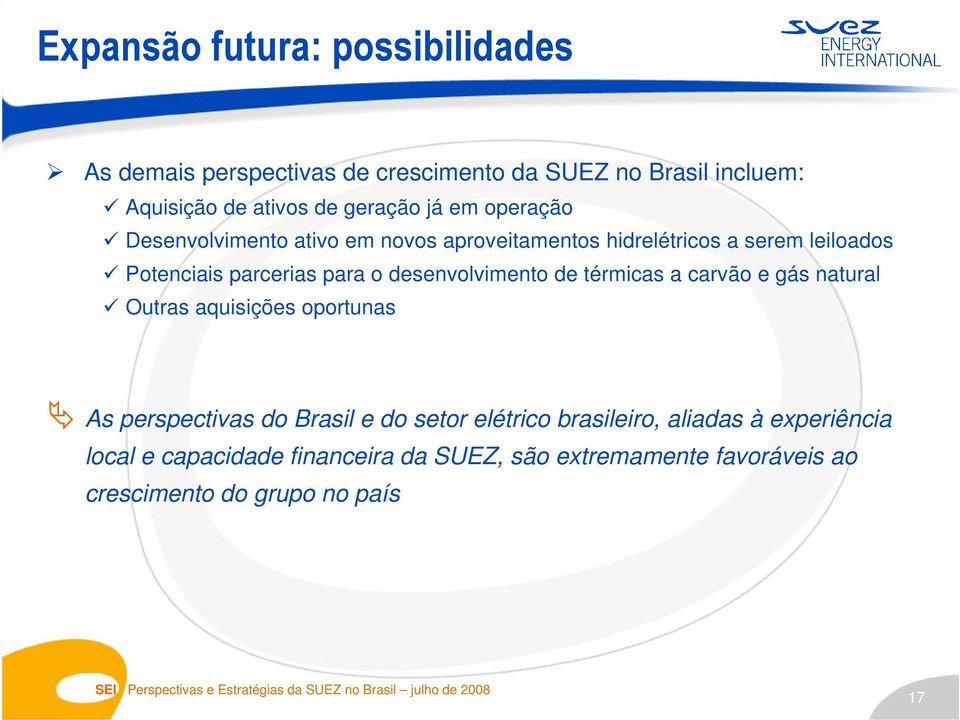 desenvolvimento de térmicas a carvão e gás natural Outras aquisições oportunas As perspectivas do Brasil e do setor elétrico