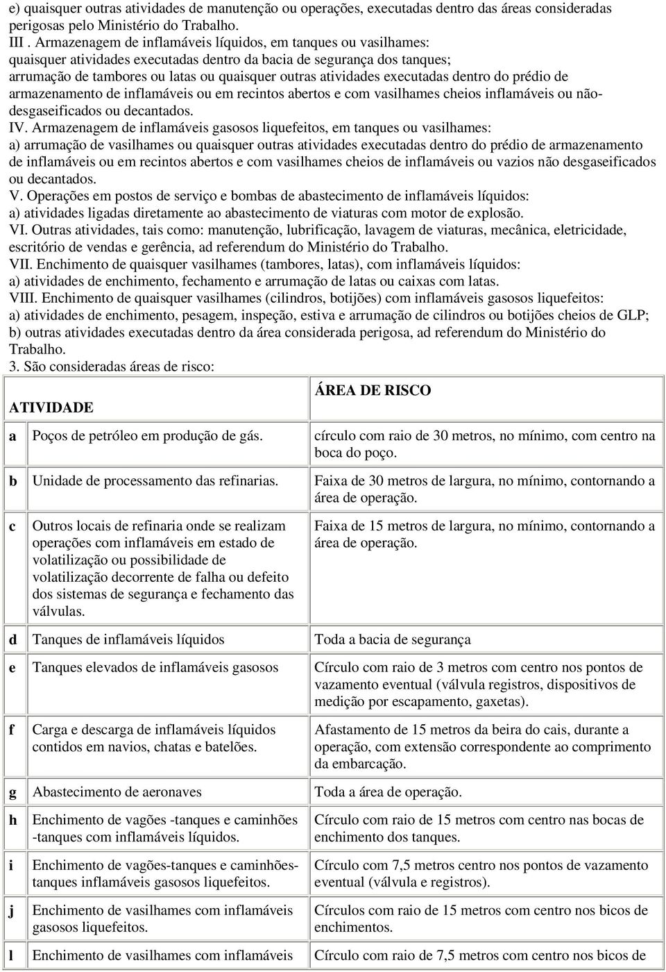 executadas dentro do prédio de armazenamento de inflamáveis ou em recintos abertos e com vasilhames cheios inflamáveis ou nãodesgaseificados ou decantados. IV.