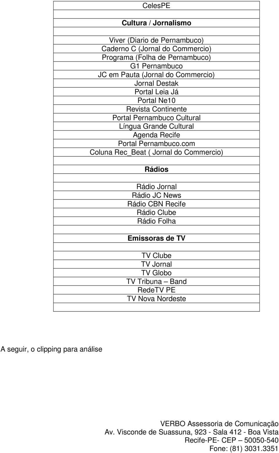 com Coluna Rec_Beat ( Jornal do Commercio) Rádios Rádio Jornal Rádio JC News Rádio CBN Recife Rádio Clube Rádio Folha Emissoras de TV TV Clube TV Jornal TV Globo TV