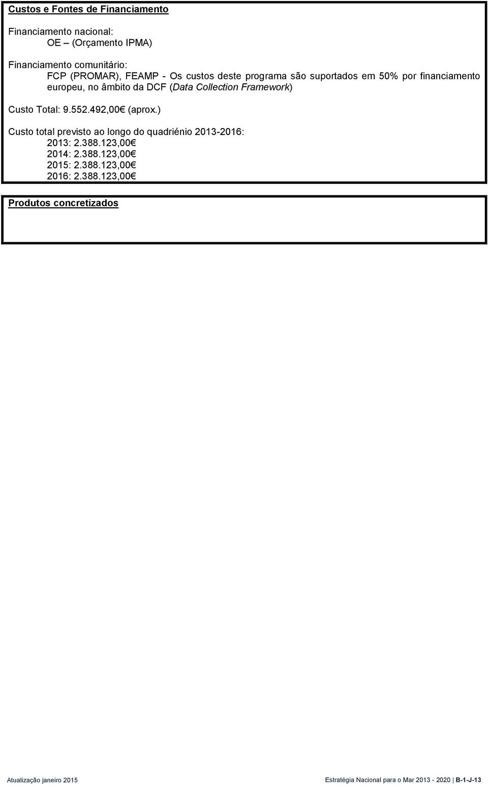 Framework) Custo Total: 9.552.492,00 (aprox.) Custo total previsto ao longo do quadriénio 2013-2016: 2013: 2.388.