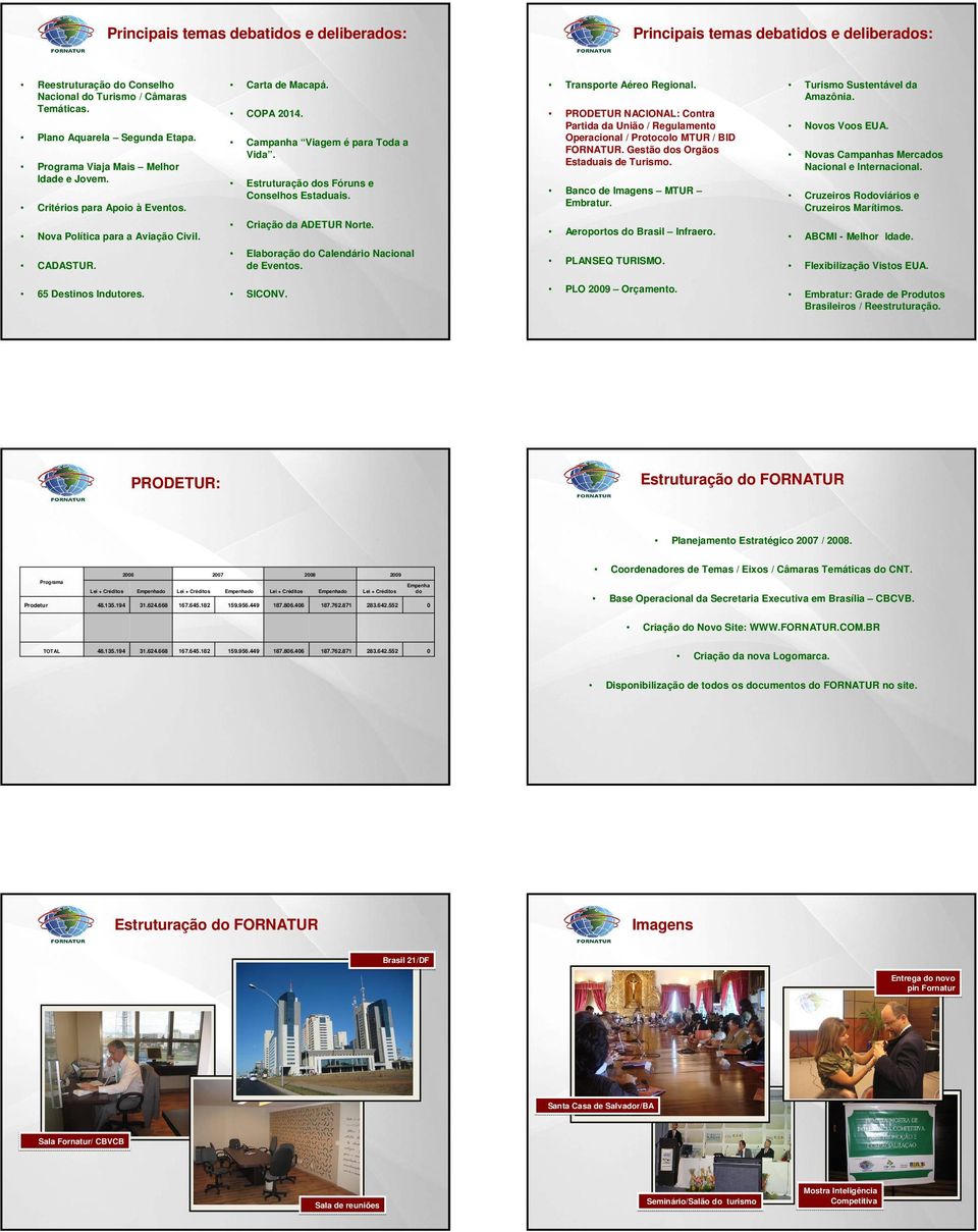 Estruturação dos Fóruns e Conselhos Estaduais. Criação da ADETUR Norte. Elaboração do Calendário Nacional de Eventos. Transporte Aéreo Regional.