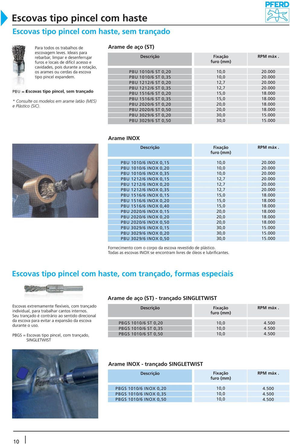 PBU = tipo pincel, sem trançado * Consulte os modelos em arame latão (MES) e Plástico (SiC).