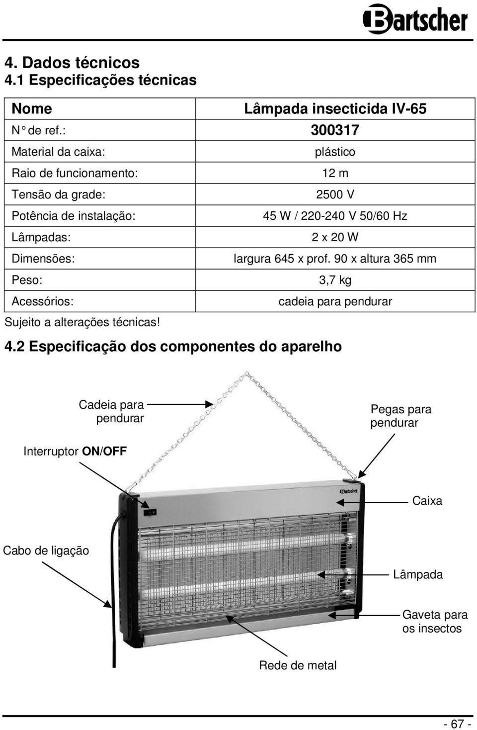 Sujeito a alterações técnicas! plástico 12 m 2500 V 45 W / 220-240 V 50/60 Hz 2 x 20 W largura 645 x prof.