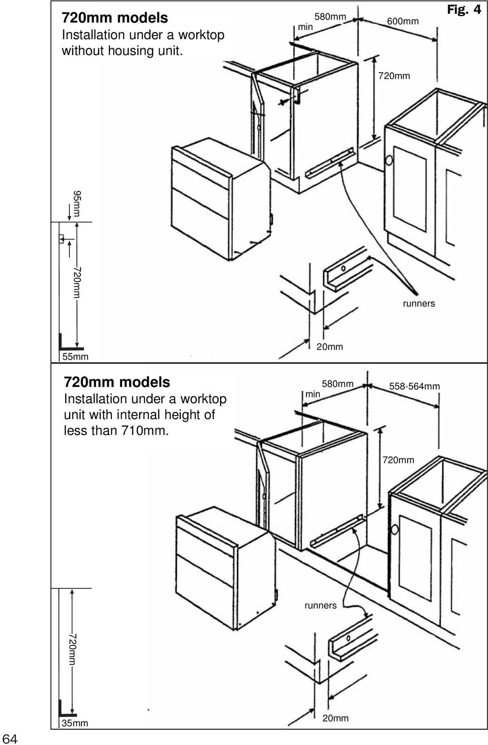 4 720mm 95mm 720mm runners 55mm 20mm 720mm models Installation