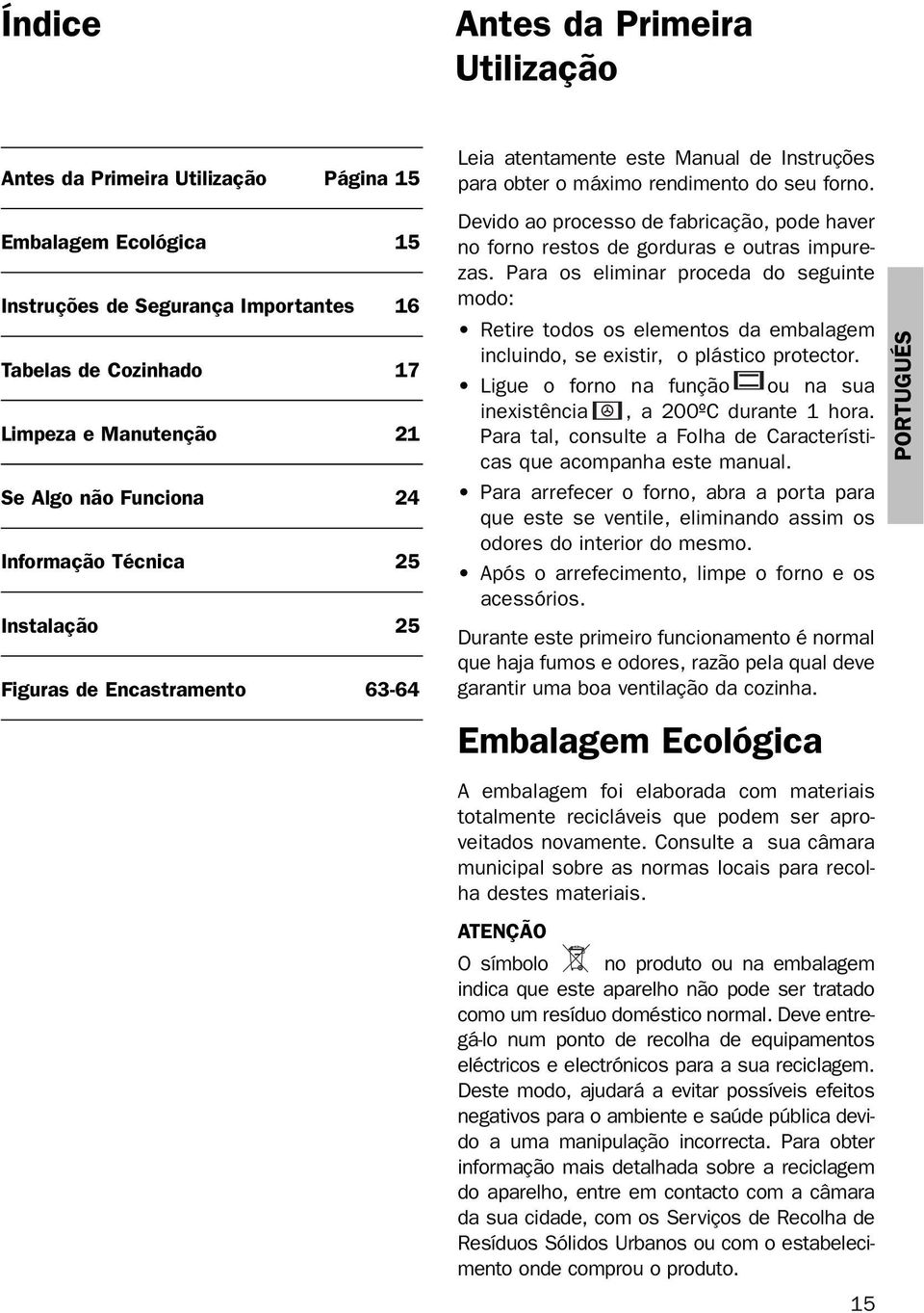 Devido ao processo de fabricação, pode haver no forno restos de gorduras e outras impurezas.