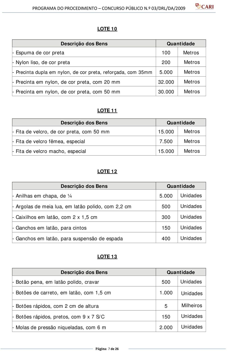 000 Metros - Fita de velcro fêmea, especial 7.500 Metros - Fita de velcro macho, especial 15.000 Metros LOTE 12 - Anilhas em chapa, de ¼ 5.