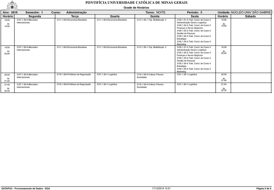 Concl. de Curso II Marketing 3111.1.00-9-Economia Brasileira 3111.1.00-9-Economia Brasileira 3115.1.00-1-Tóp. Multidiscipli. II 3100.1.01-3-Trab. Concl.  Concl. de Curso II Marketing 3118.1.00-6-Políticas de Negociação 3101.