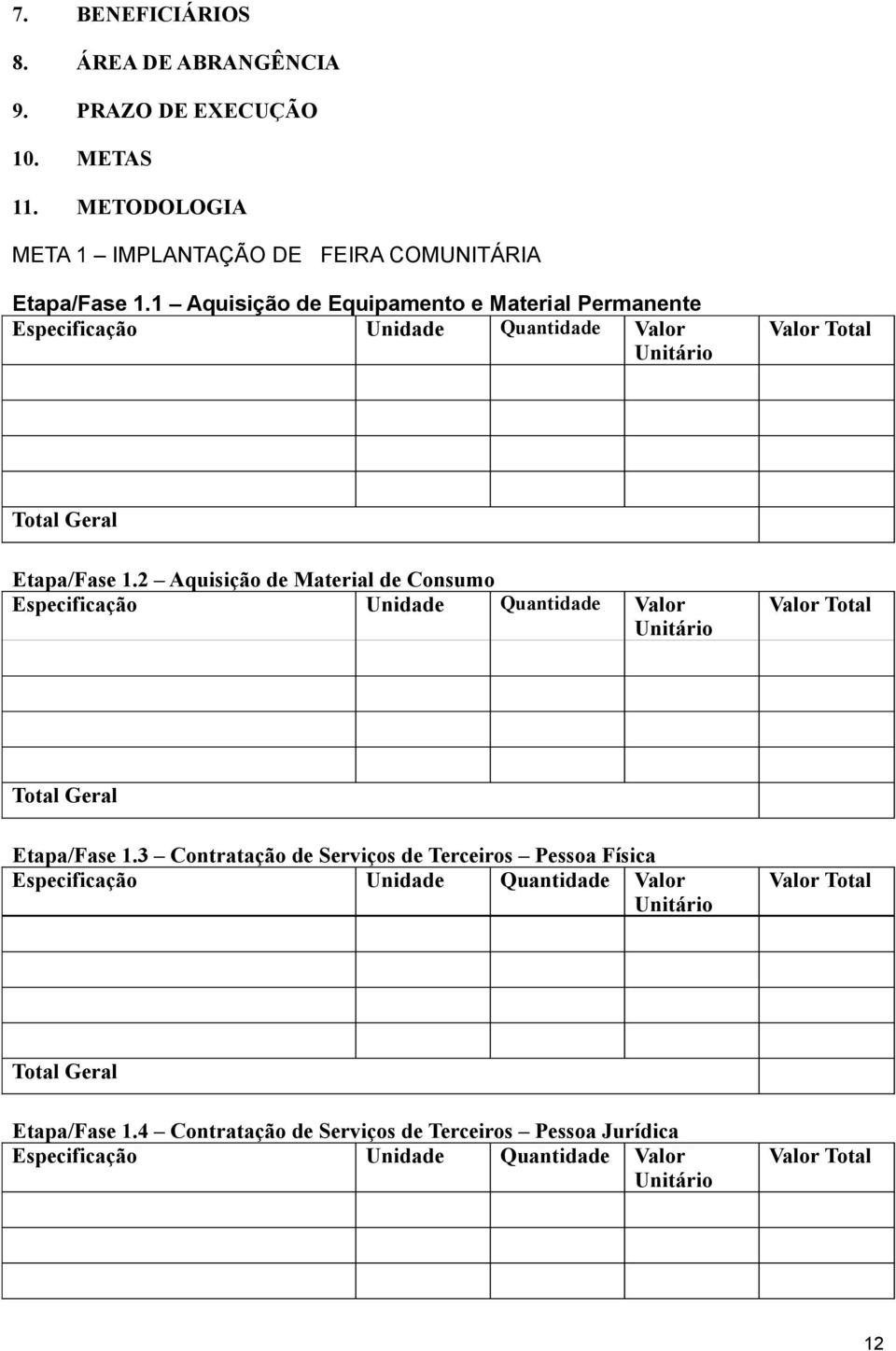 2 Aquisição de Material de Consumo Especificação Unidade Quantidade Valor Unitário Valor Total Total Geral Etapa/Fase 1.