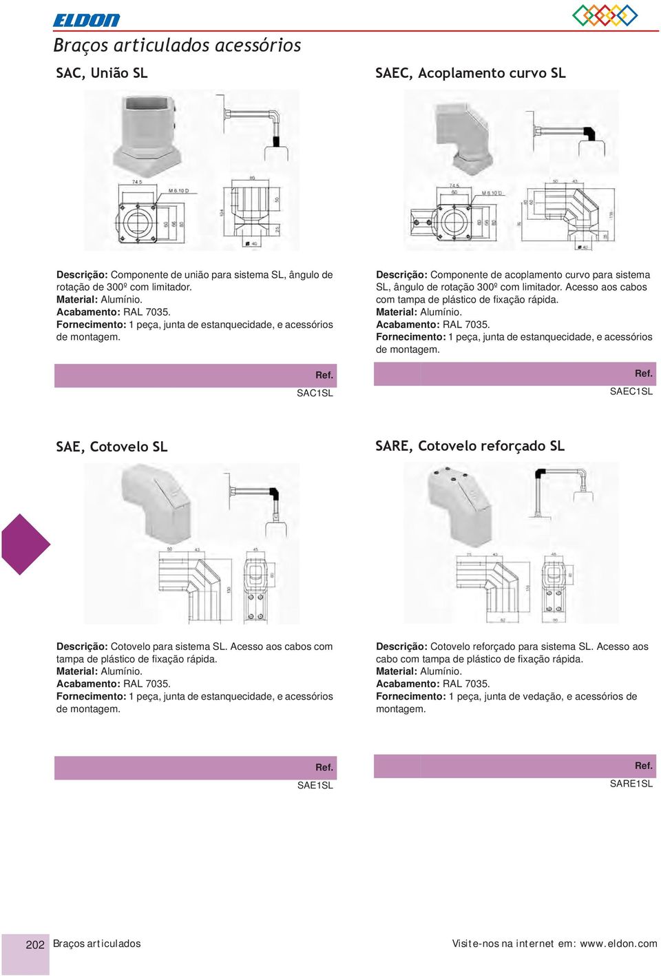 SAEC1SL SAE, Cotovelo SL SARE, Cotovelo reforçado SL Descrição: Cotovelo para sistema SL. Acesso aos cabos com tampa de plástico de fixação rápida.