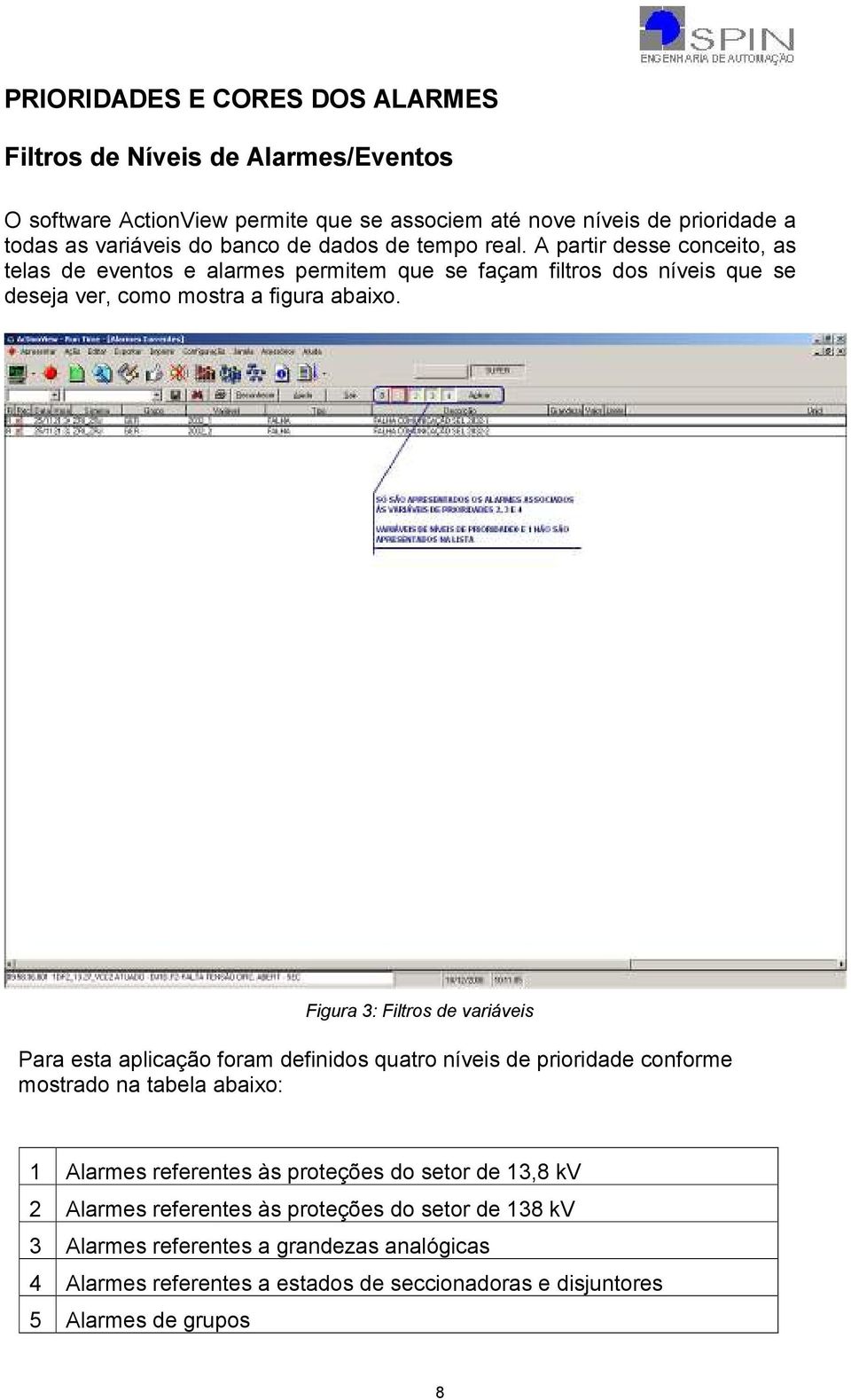 Figura 3: Filtros de variáveis Para esta aplicação foram definidos quatro níveis de prioridade conforme mostrado na tabela abaixo: 1 Alarmes referentes às proteções do setor de