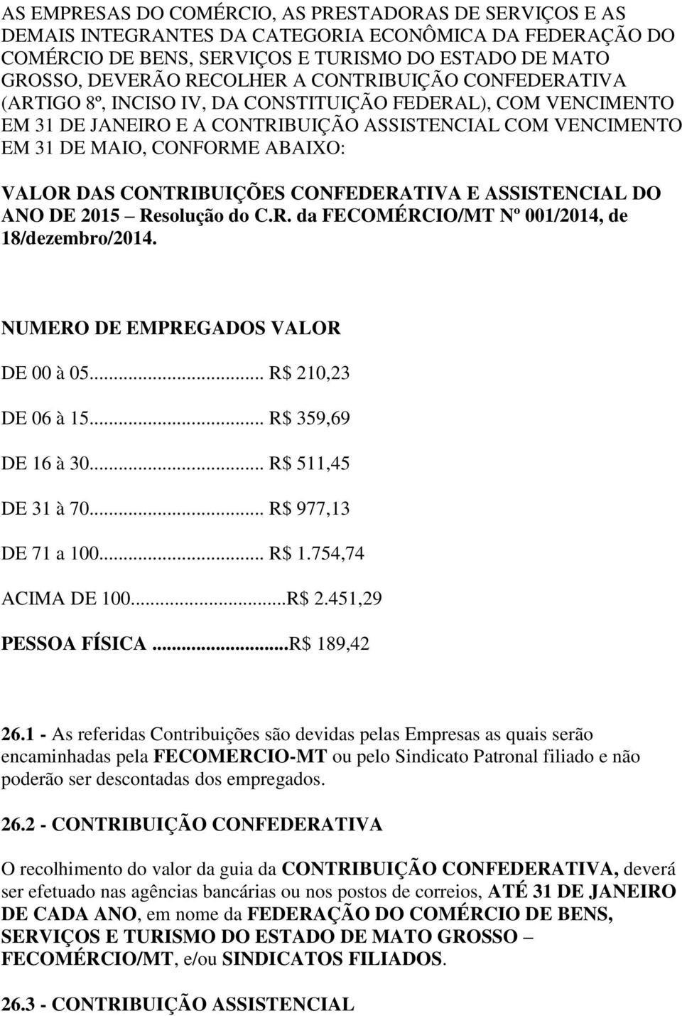 CONTRIBUIÇÕES CONFEDERATIVA E ASSISTENCIAL DO ANO DE 2015 Resolução do C.R. da FECOMÉRCIO/MT Nº 001/2014, de 18/dezembro/2014. NUMERO DE EMPREGADOS VALOR DE 00 à 05... R$ 210,23 DE 06 à 15.