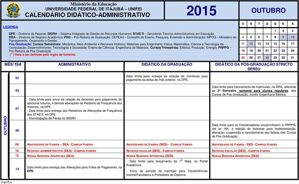 03 Data limite para trancamento de matrículas, na DRA, referente ao 2º Semestre, somente para alunos regulares, dos Cursos de Pós-Graduação, exceto Engenharia Elétrica.