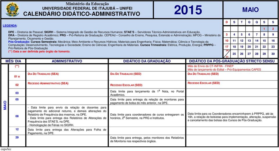 lançamento da 1 a Nota, no Portal Acadêmico. 05 Data limite para entrega da relação de monitores para pagamento de bolsa do mês anterior, na DPE.